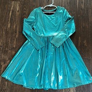 Pink chicken, 12Y, girls dress, teal metallic